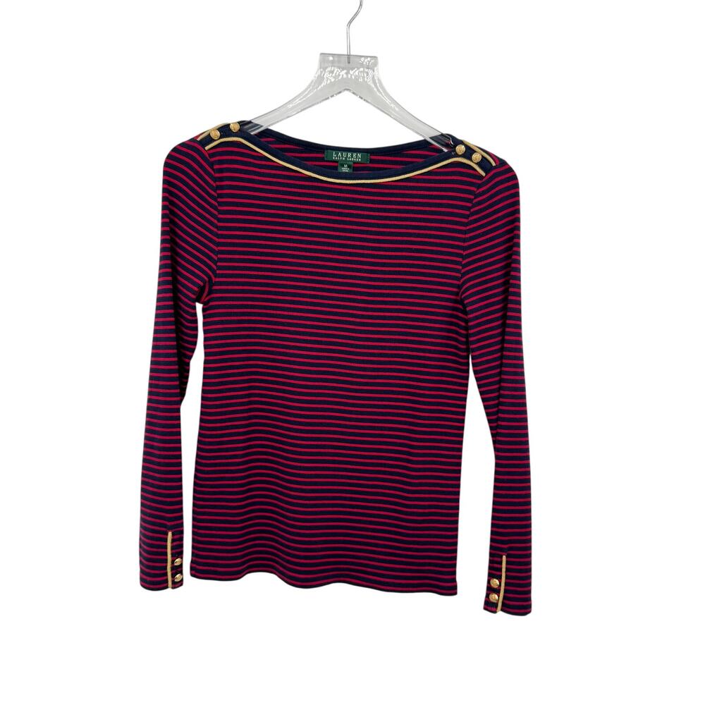 Ralph Lauren LRL blouse women's M striped red navy boatneck button cuff nautical